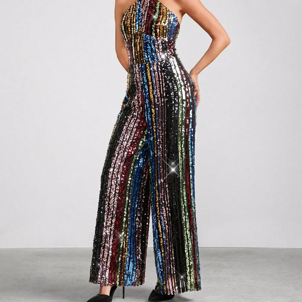 Rainbow Multicolor Sequin Party Halter Neck Women's Jumpsuit - Picture 5 of 7